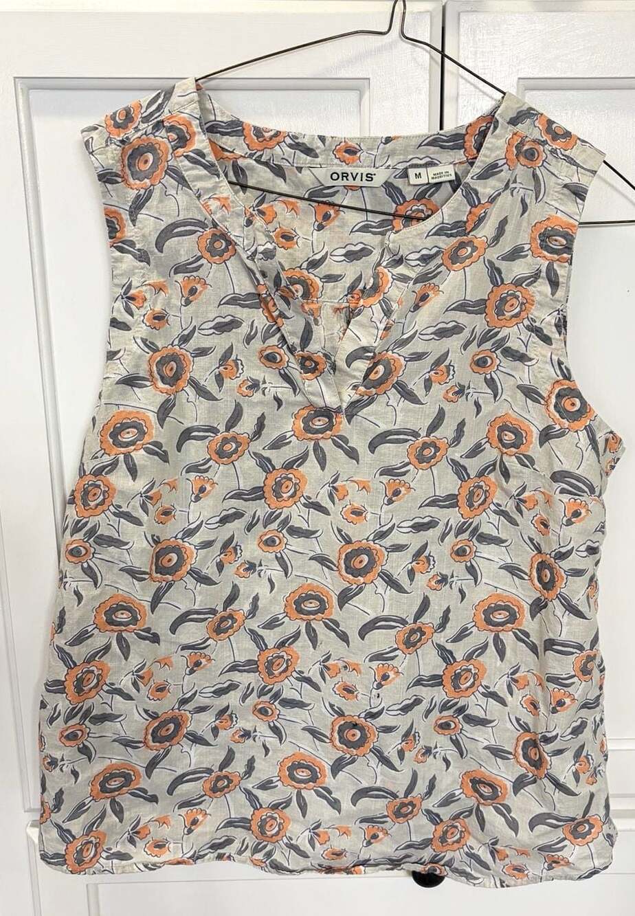 Orvis Women's Sleeveless V-Neck Floral Print 100% Cotton Tank Top Size Medium